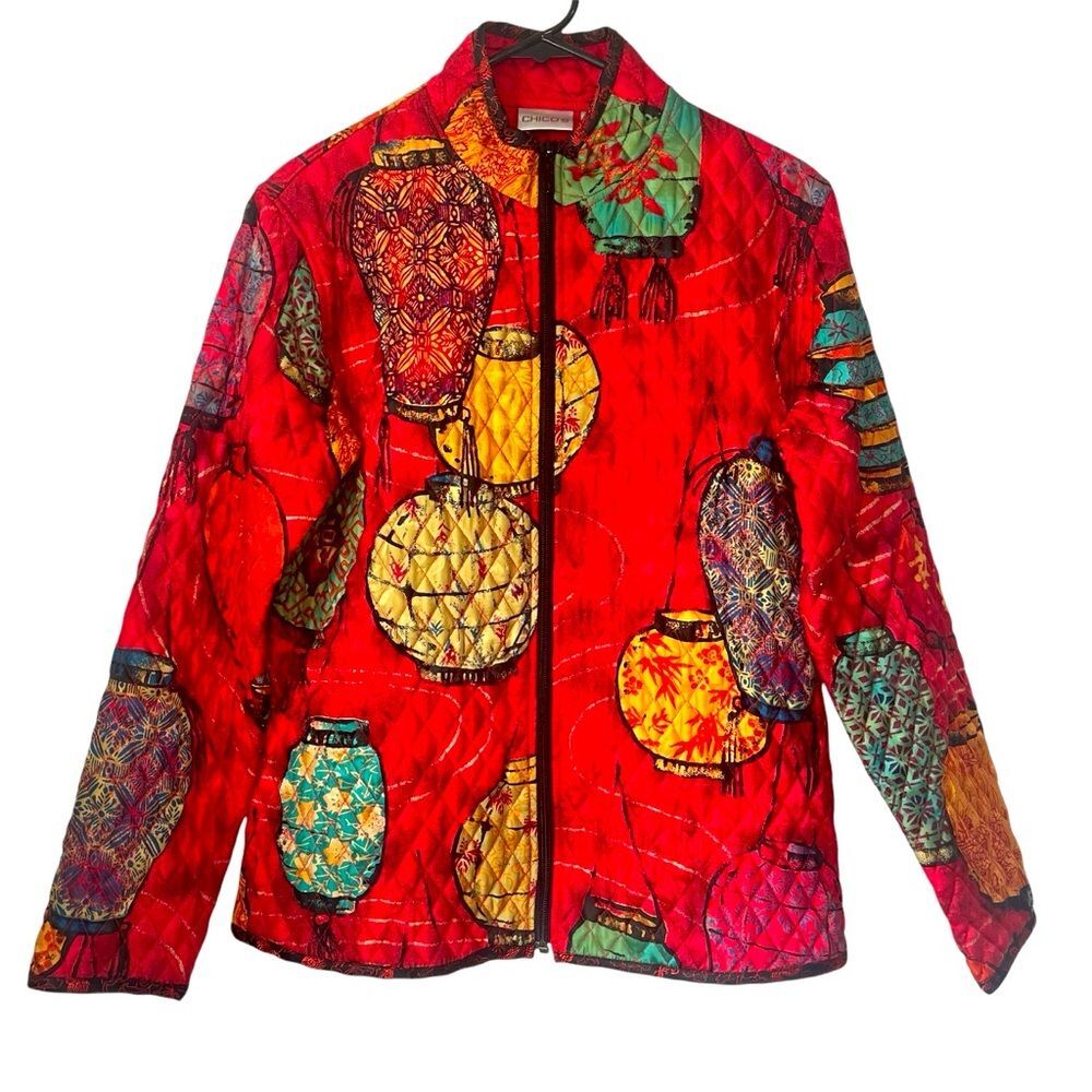 Chico's red quilted Oriental 100% silk zip front jacket Sz 1 M/8-10